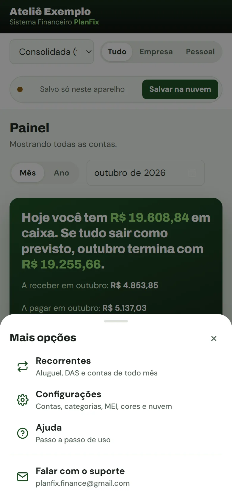 Menu Mais no celular com Recorrentes, Configurações, Ajuda e Falar com o suporte.
