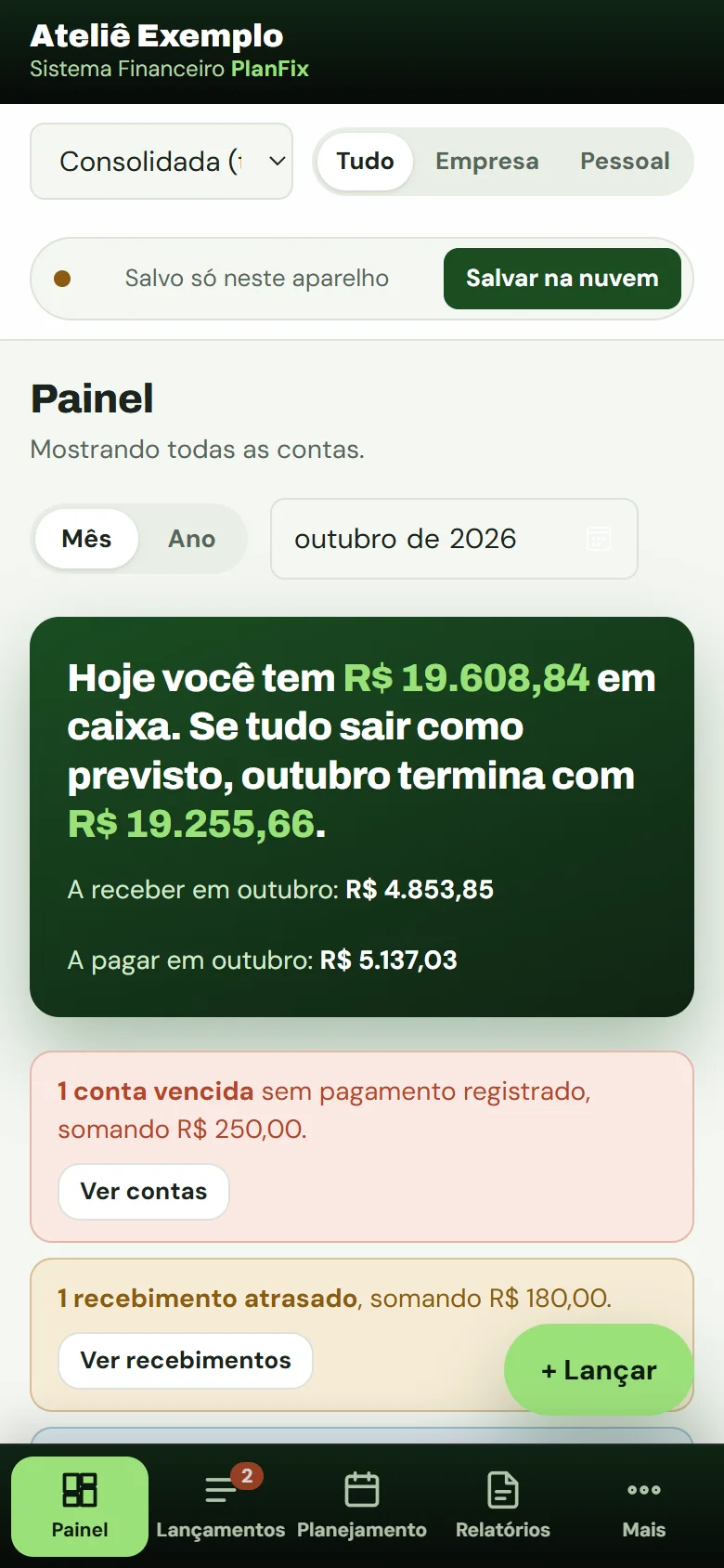 O mesmo Painel no celular, com a barra de navegação embaixo.