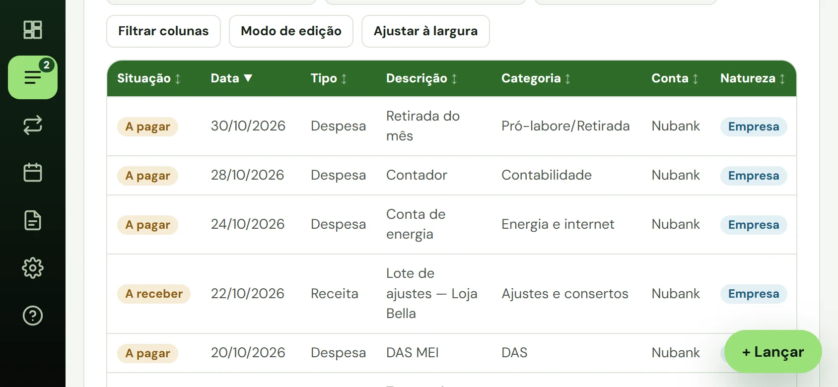 Tabela completa de lançamentos com o celular deitado.
