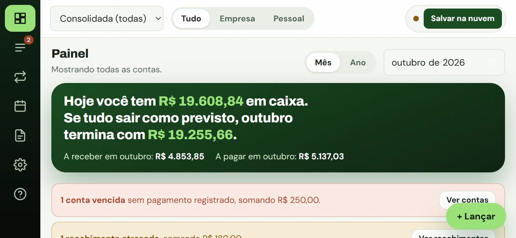 Painel com o celular deitado: menu de ícones à esquerda e a frase do caixa em largura total.