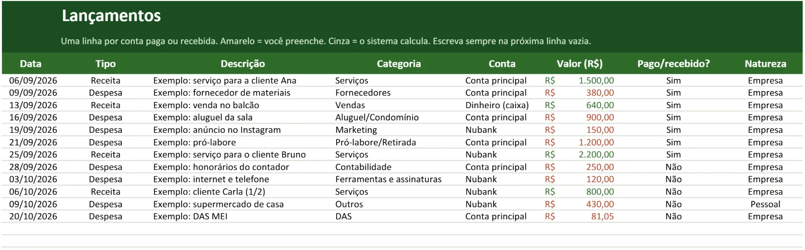 Aba Lançamentos da planilha: uma linha por conta paga ou recebida, com data, tipo, descrição, categoria, conta, valor e situação.