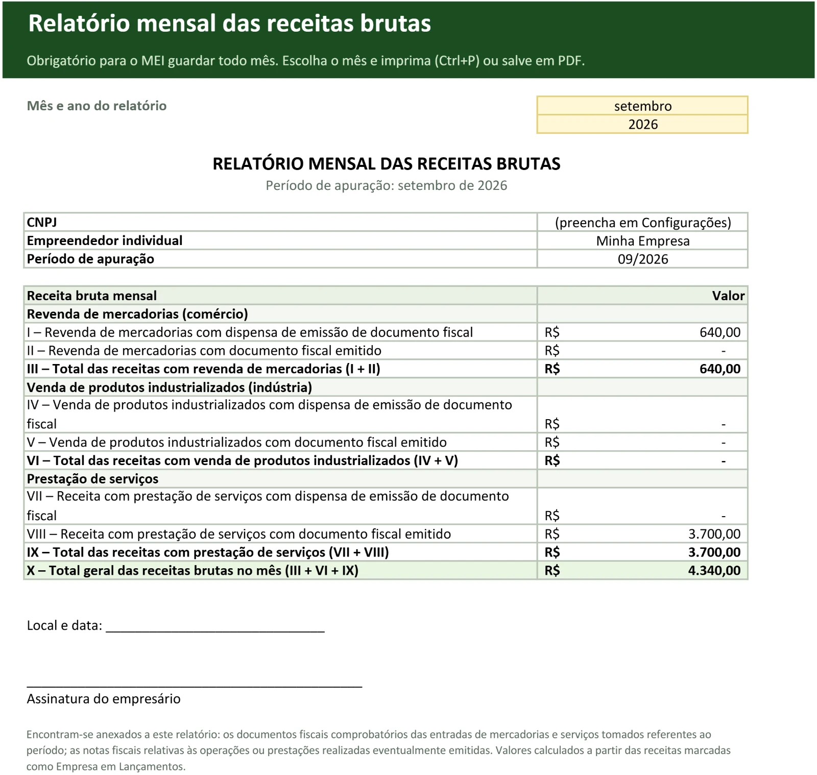 Aba Relatório MEI da planilha: relatório mensal das receitas brutas no formato oficial.