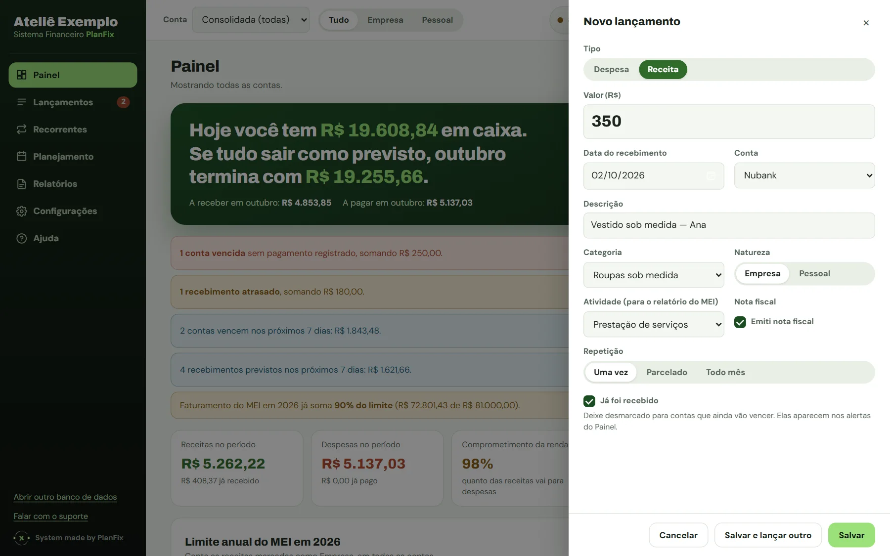 Janela de novo lançamento: receita de 350 reais, descrição, categoria, conta, nota fiscal e repetição.