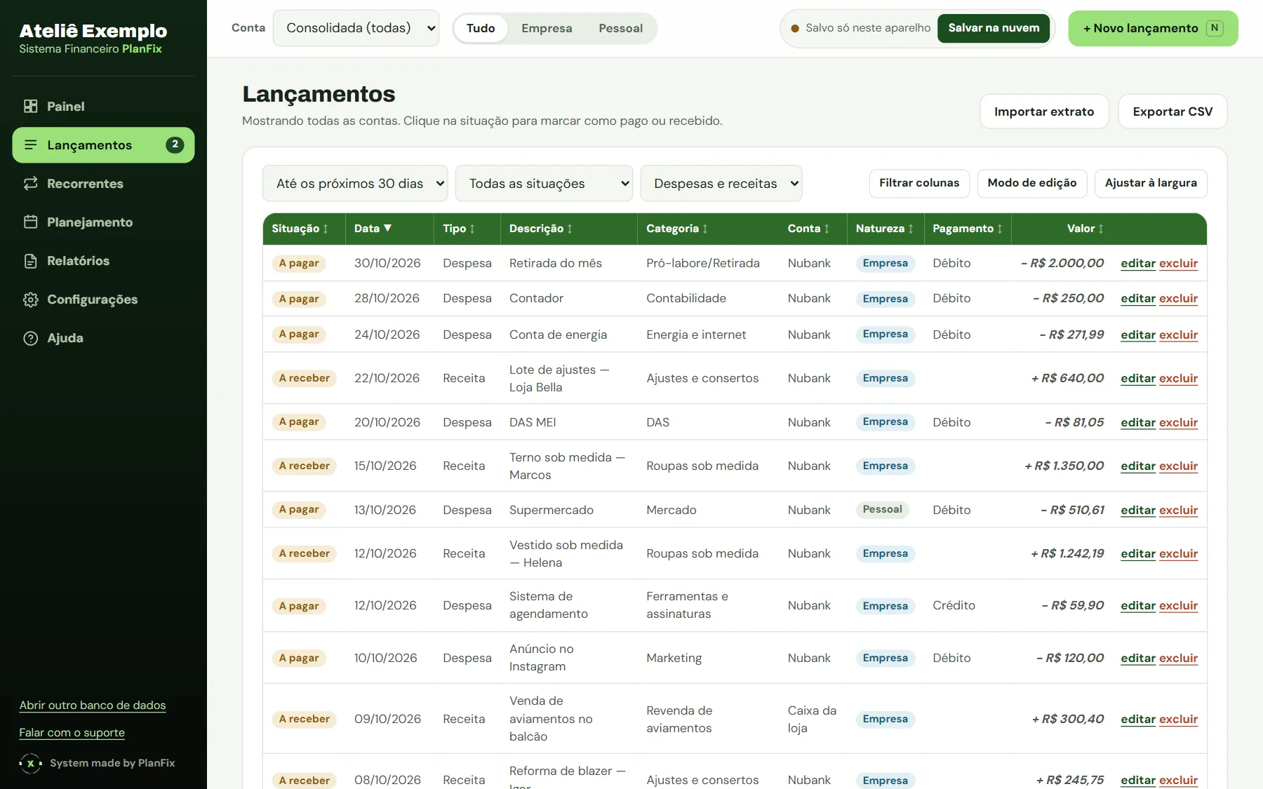 Tabela de lançamentos com situação colorida (A pagar, A receber), data, descrição, categoria, conta e valor.