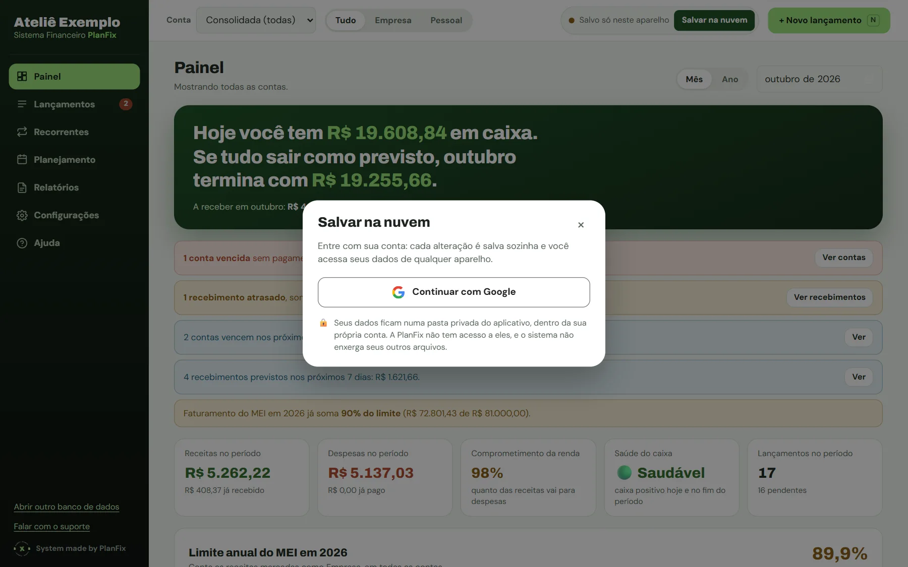 Janela Salvar na nuvem com o botão Continuar com Google e o aviso de que os dados ficam numa pasta privada da sua conta.