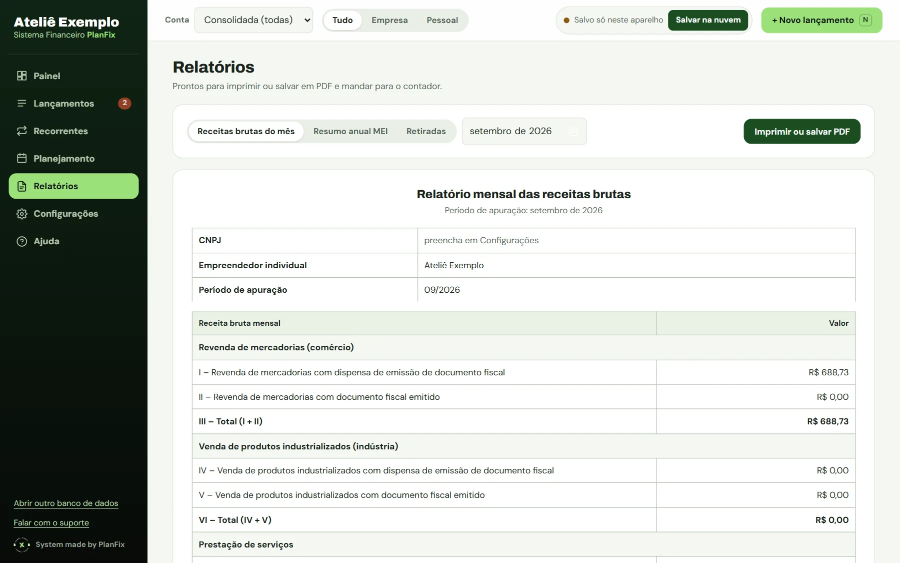 Relatório mensal das receitas brutas do MEI, no formato oficial, pronto para imprimir.
